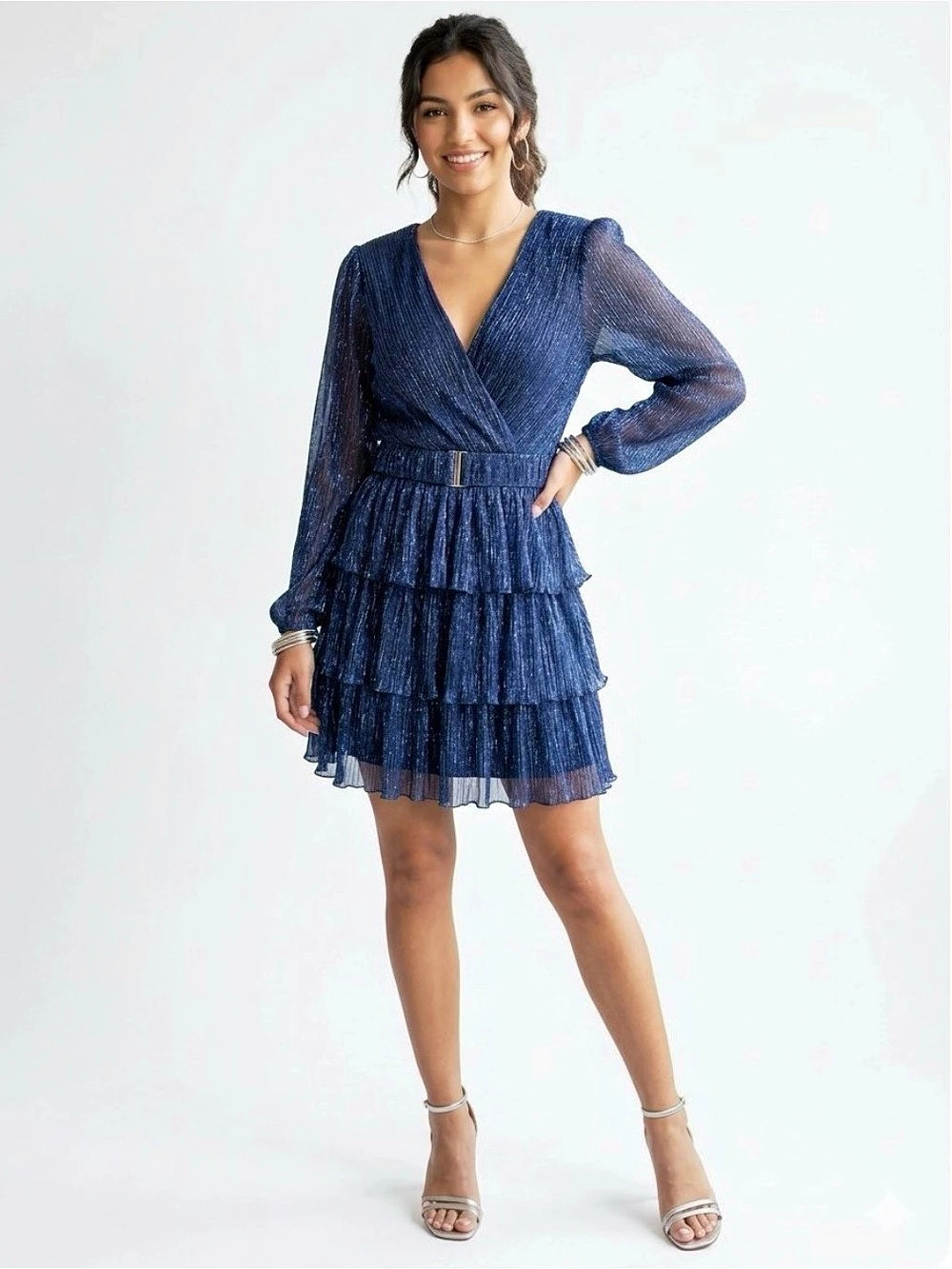 B.DARLIN Metallic Printed Tiered Mini Dress Blue Size 11/12